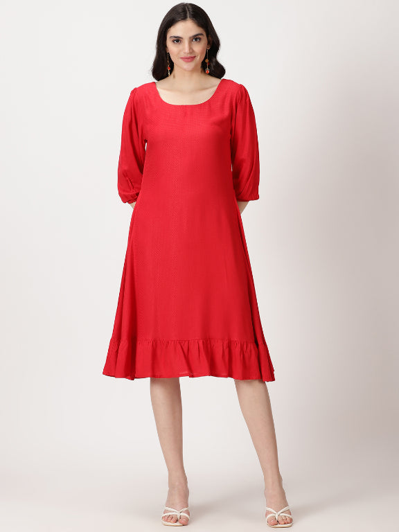 Red Self Design Midi Dress with Flounce Hem