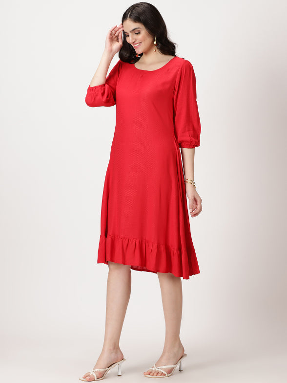 Red Self Design Midi Dress with Flounce Hem