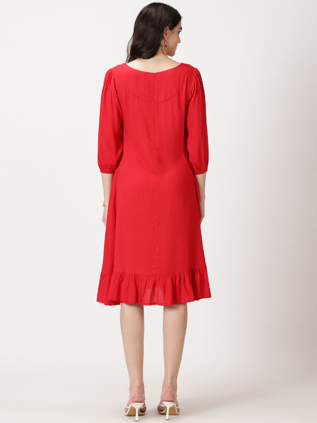 Red Self Design Midi Dress with Flounce Hem