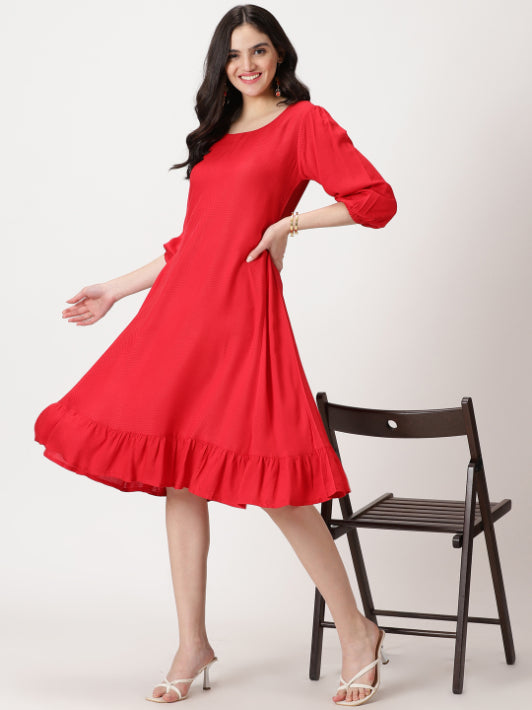 Red Self Design Midi Dress with Flounce Hem