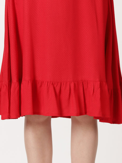 Red Self Design Midi Dress with Flounce Hem