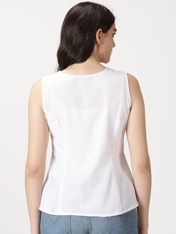 White Cotton Linen Button-Down A-Line Top