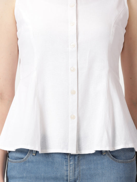 White Cotton Linen Button-Down A-Line Top