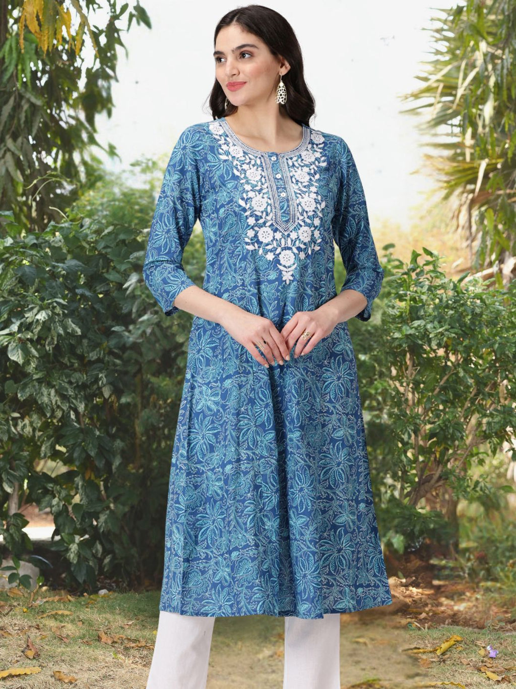 Blue Floral Print Cotton Kurta with Chikankari Yoke Embroidery