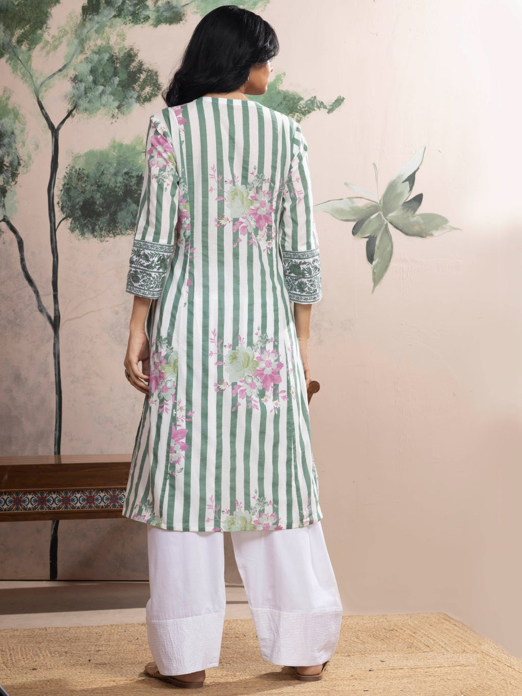 Soft White Cotton Kurta with Forest Green Stripes & Floral Print