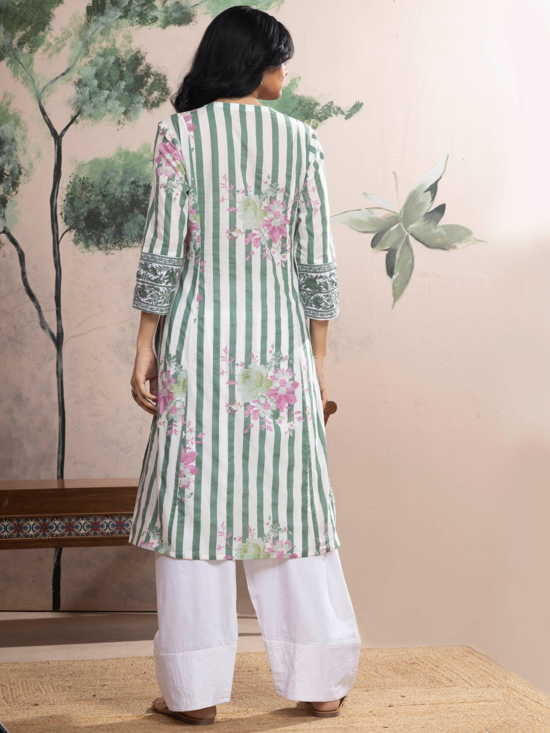 Soft White Cotton Kurta with Forest Green Stripes & Floral Print