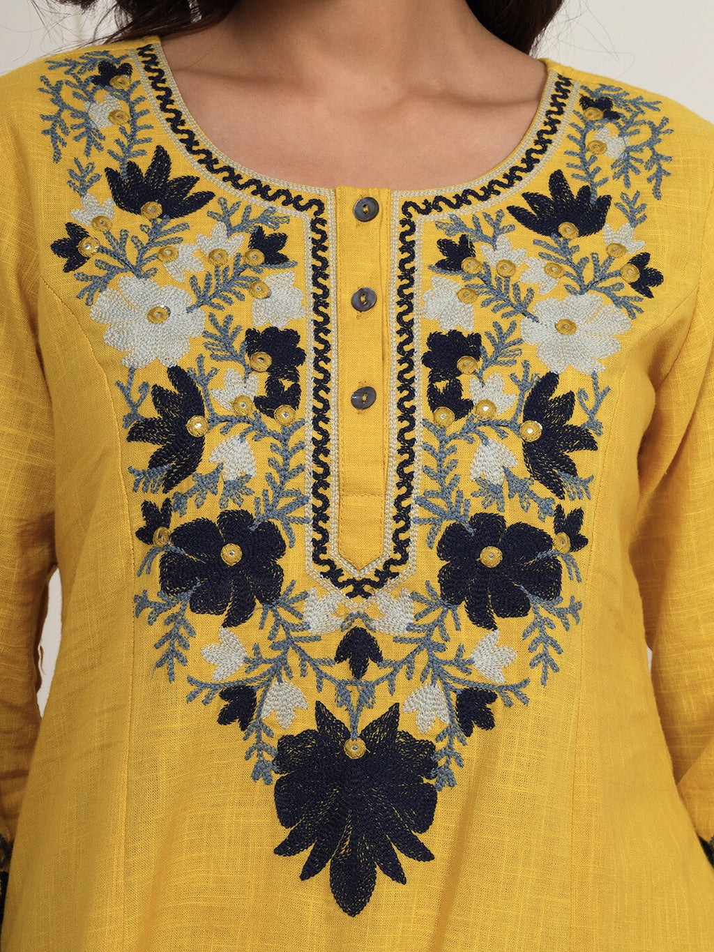 Golden Mustard Kashida Embroidered A-Line Cotton Kurta Set with Salwar