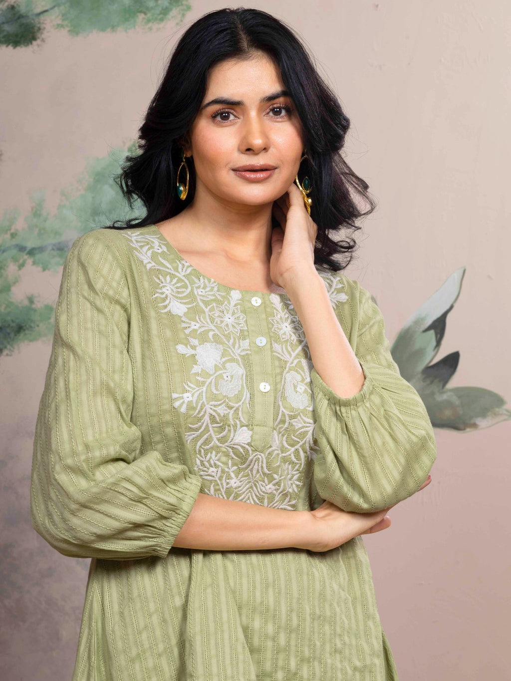 Mint Meadow Cotton Leno Stripe Embroidered Kurta Set with Palazzo