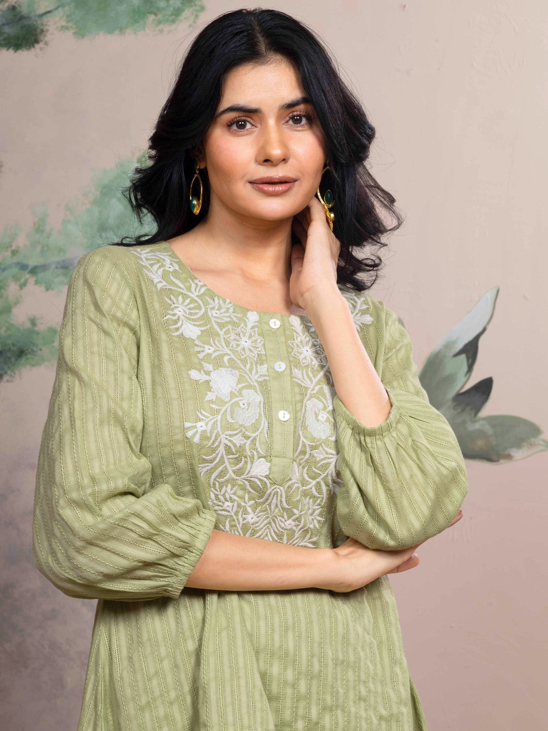 Mint Meadow Cotton Leno Stripe Embroidered Kurta Set with Palazzo