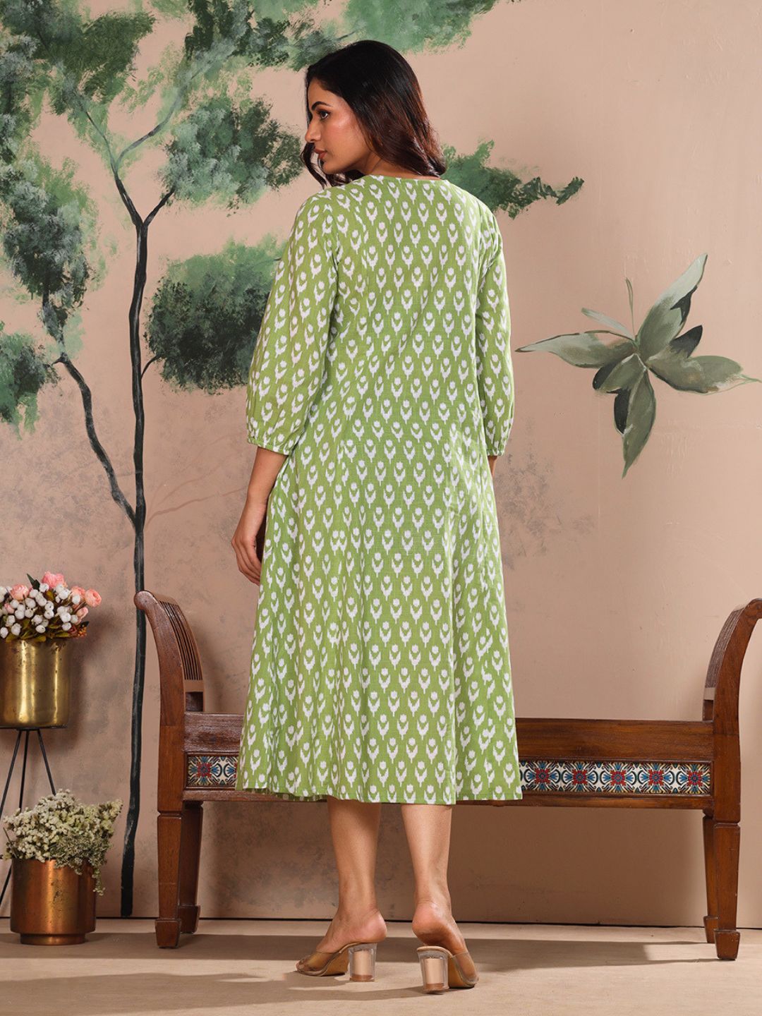 Sage Green Cotton Slub Dress Waist Yoke with Embroidery
