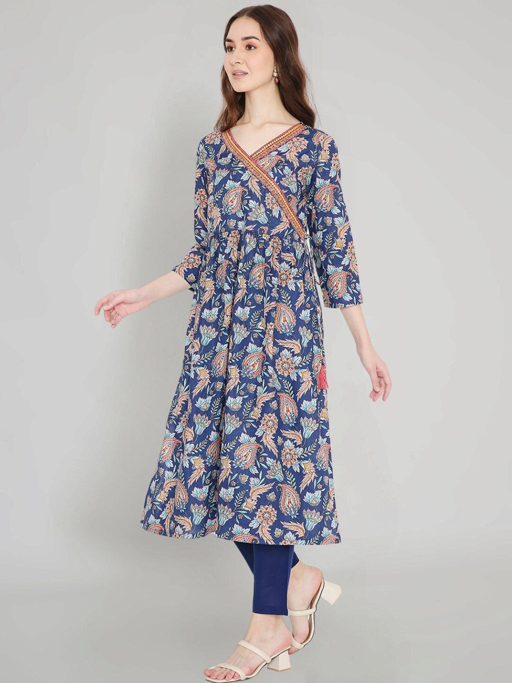 Navy Blue Paisley Print Angrakha Kurta with Mirror Embroidery and Gathers