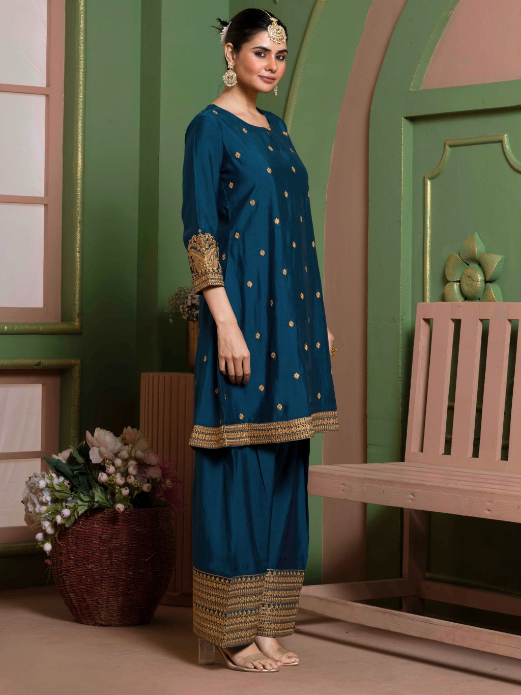 Midnight Teal Kashida Embroidered A-Line Kurta with Farshi Salwar and Dupatta