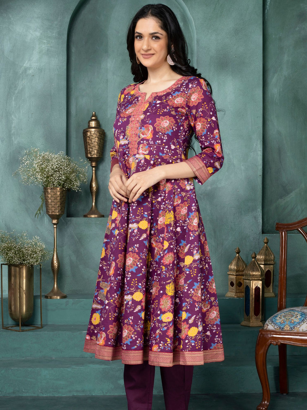 Wine Regal Blossom Anarkali Kurta