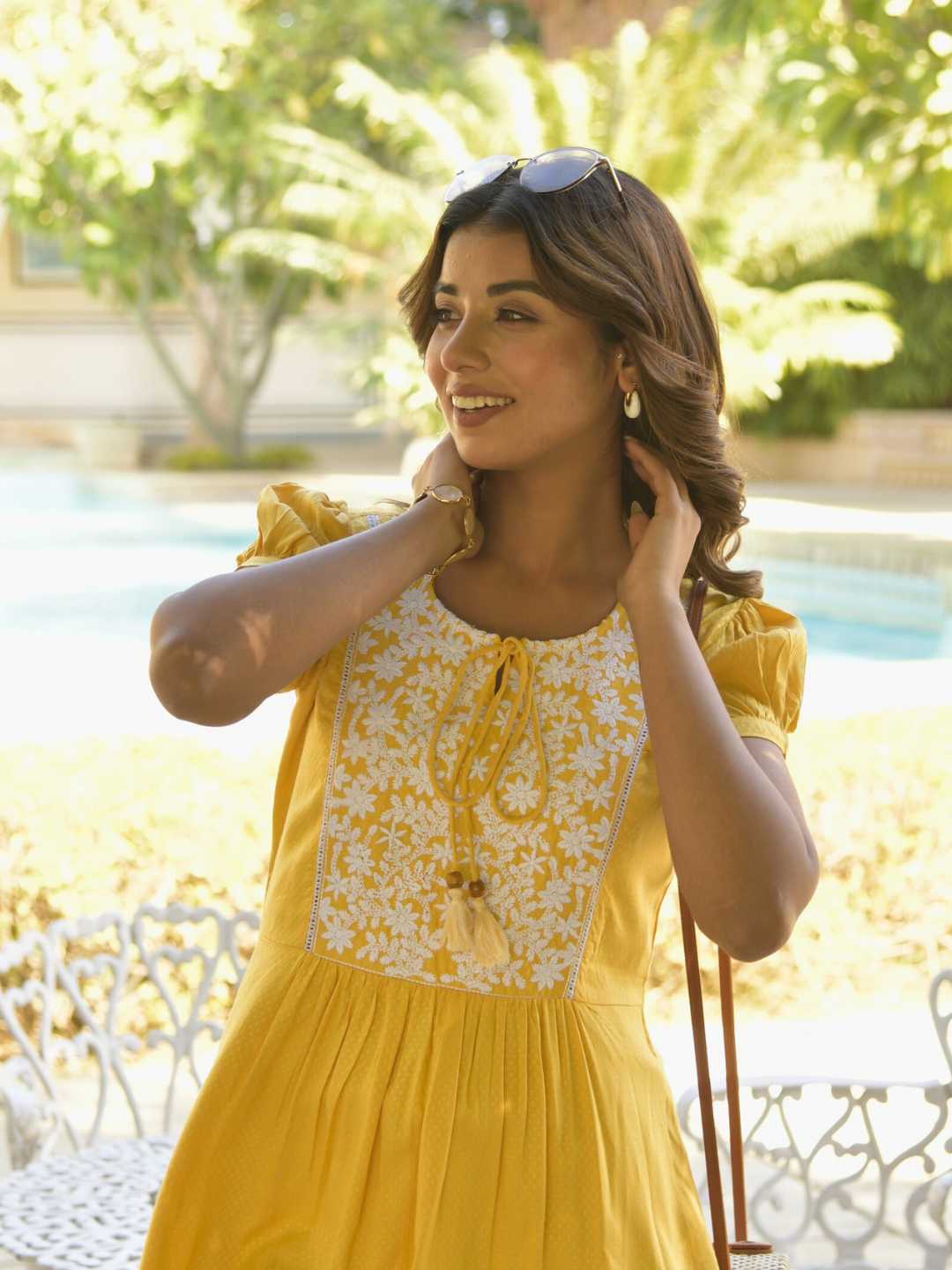 Yellow Self Design Midi Dress with Embroidered Yoke