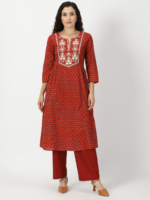 Red Floral Print Kurta with Yoke Embroidery