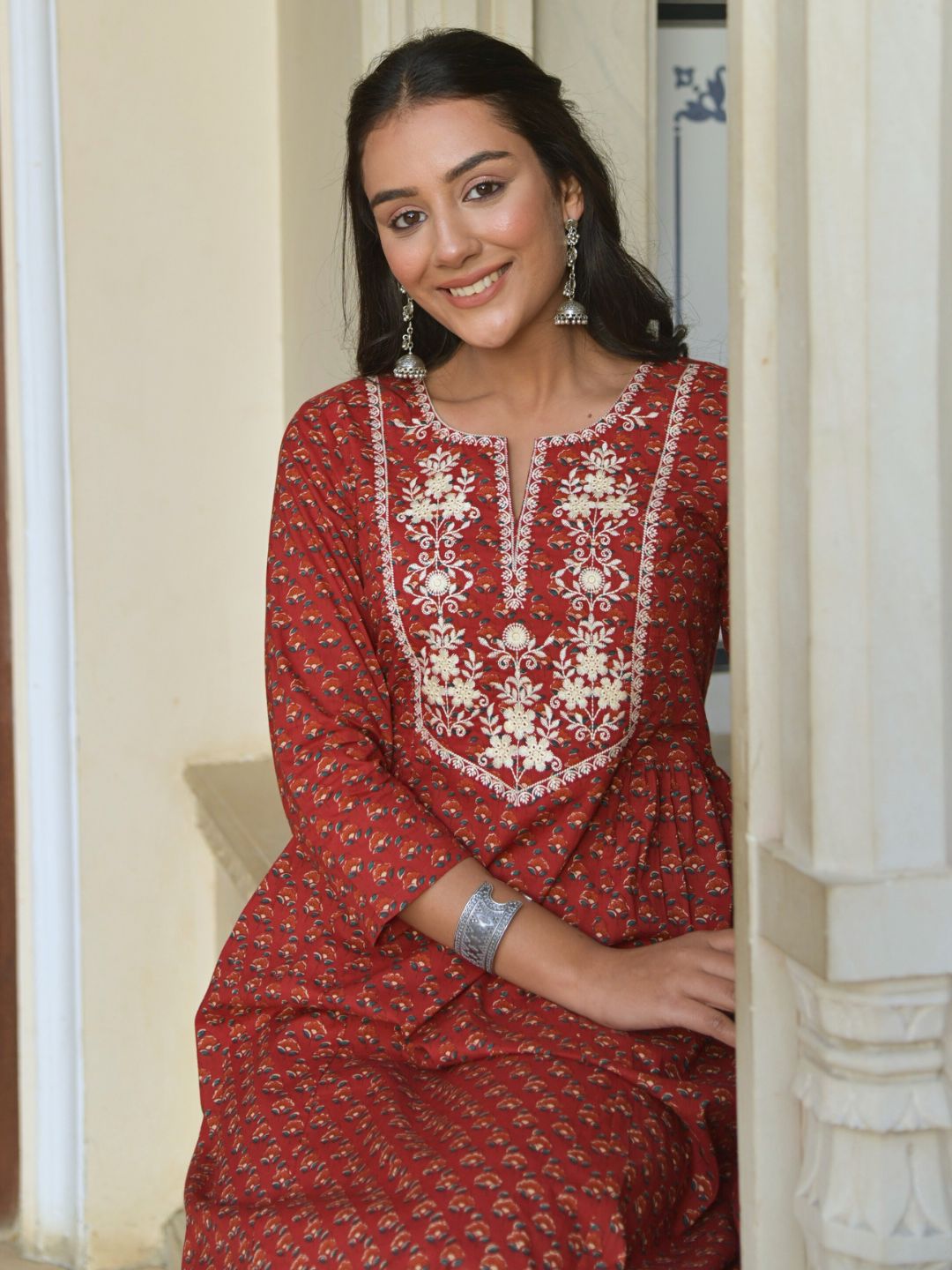 Red Floral Print Kurta with Yoke Embroidery