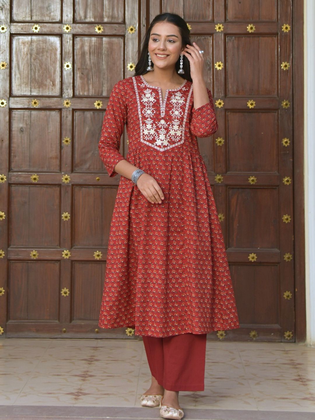 Red Floral Print Kurta with Yoke Embroidery