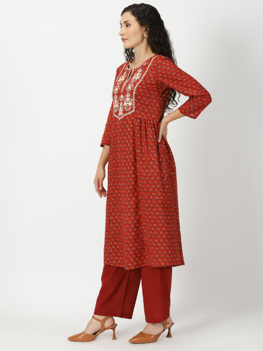 Red Floral Print Kurta with Yoke Embroidery