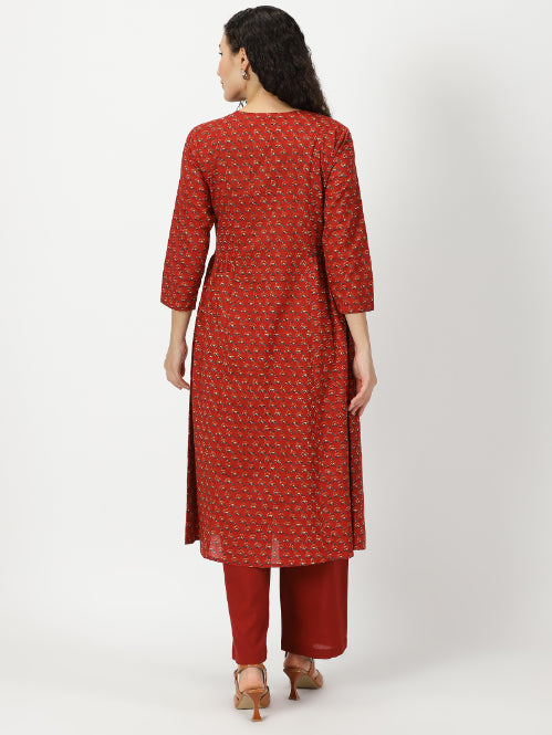 Red Floral Print Kurta with Yoke Embroidery
