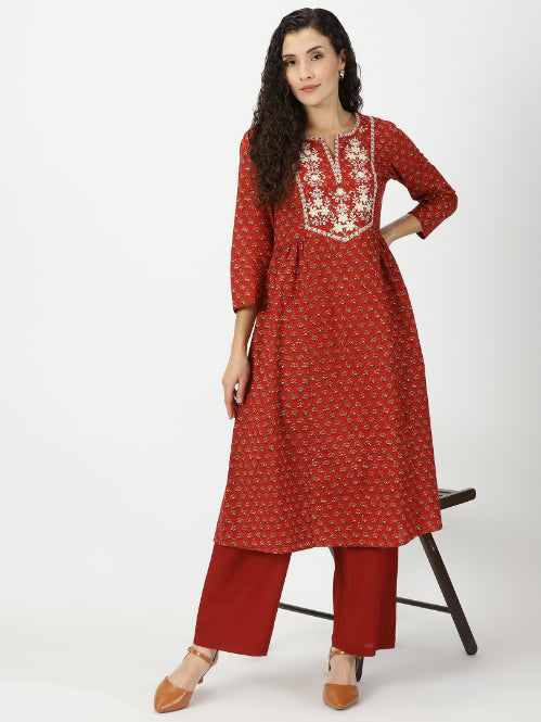 Red Floral Print Kurta with Yoke Embroidery
