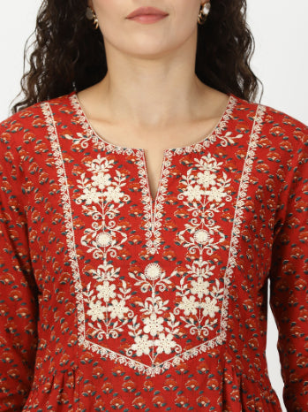 Red Floral Print Kurta with Yoke Embroidery