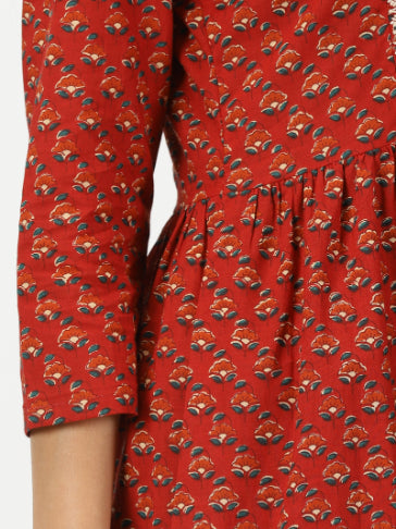 Red Floral Print Kurta with Yoke Embroidery