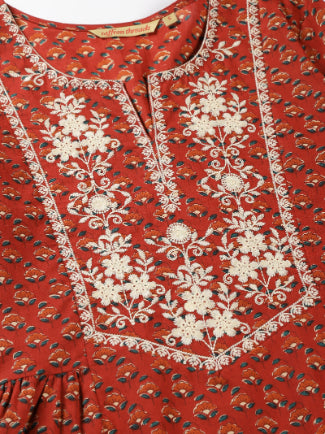 Red Floral Print Kurta with Yoke Embroidery