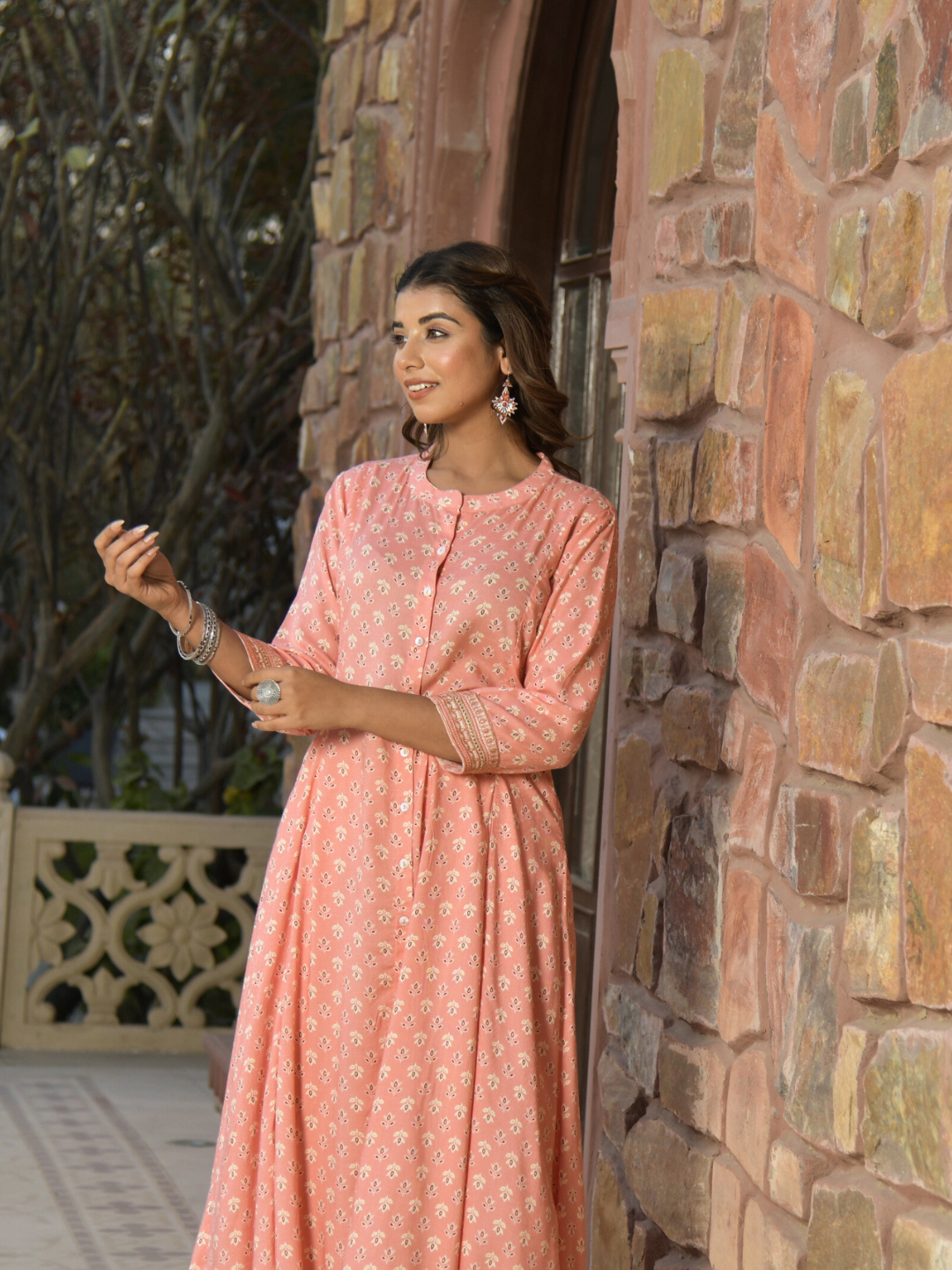 Peach Floral Print Button-Down Kurta with Embroidery Border
