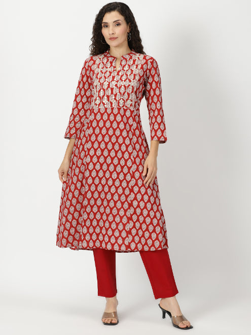 Red Leaf Print Cotton Kurta with Yoke Embroidery