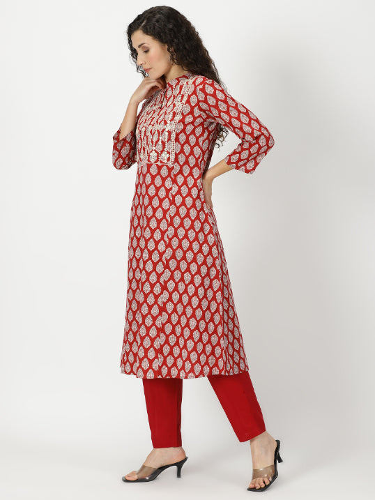 Red Leaf Print Cotton Kurta with Yoke Embroidery