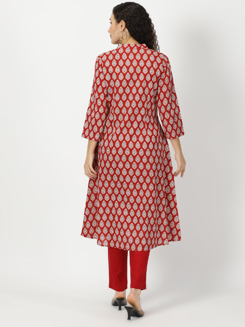 Red Leaf Print Cotton Kurta with Yoke Embroidery