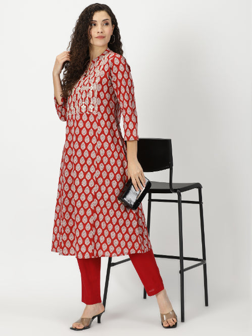 Red Leaf Print Cotton Kurta with Yoke Embroidery