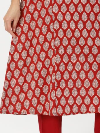 Red Leaf Print Cotton Kurta with Yoke Embroidery