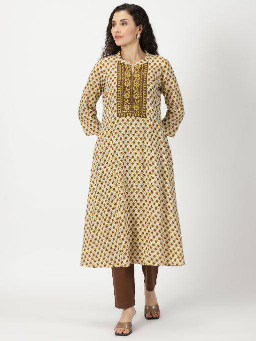 Beige Floral Print Cotton Kurta with Yoke Embroidery