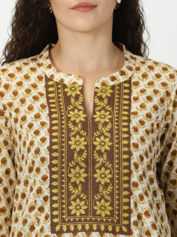 Beige Floral Print Cotton Kurta with Yoke Embroidery