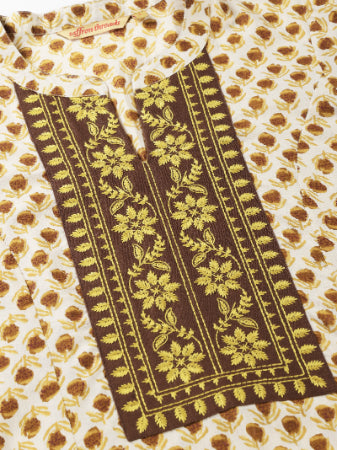 Beige Floral Print Cotton Kurta with Yoke Embroidery