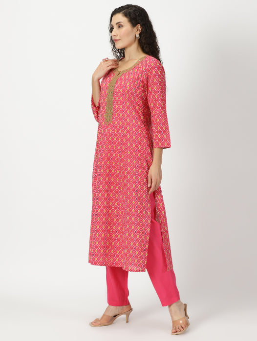 Pink Ikat Print Cotton Kurta with Mirror Neck Embroidery
