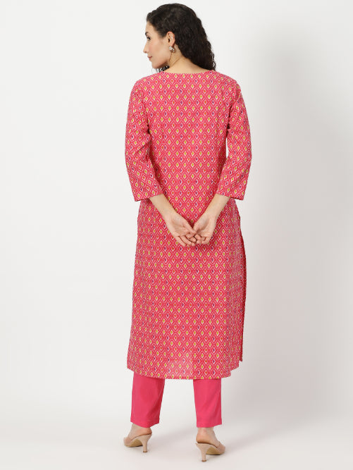Pink Ikat Print Cotton Kurta with Mirror Neck Embroidery