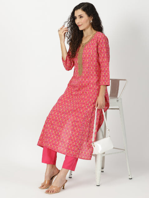 Pink Ikat Print Cotton Kurta with Mirror Neck Embroidery