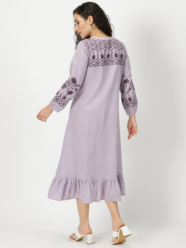 Lilac Boho Midi Dress with Embroidered Details hi – Saffron Threads