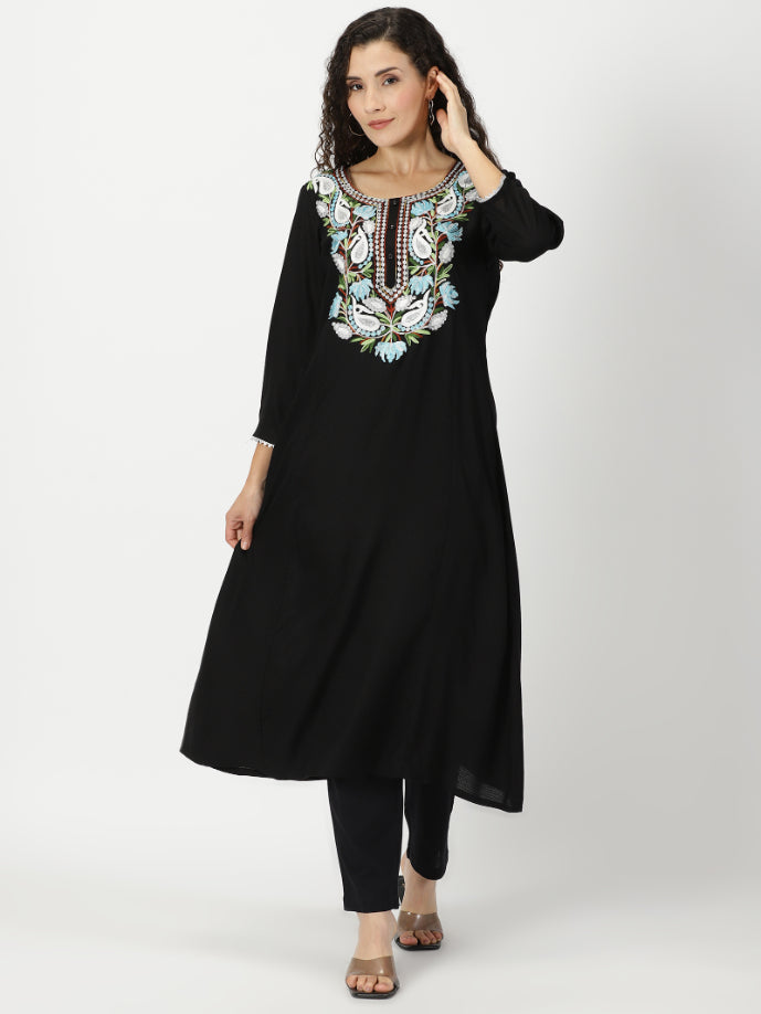 Black Self Design Kurta with Kashida Embroidery