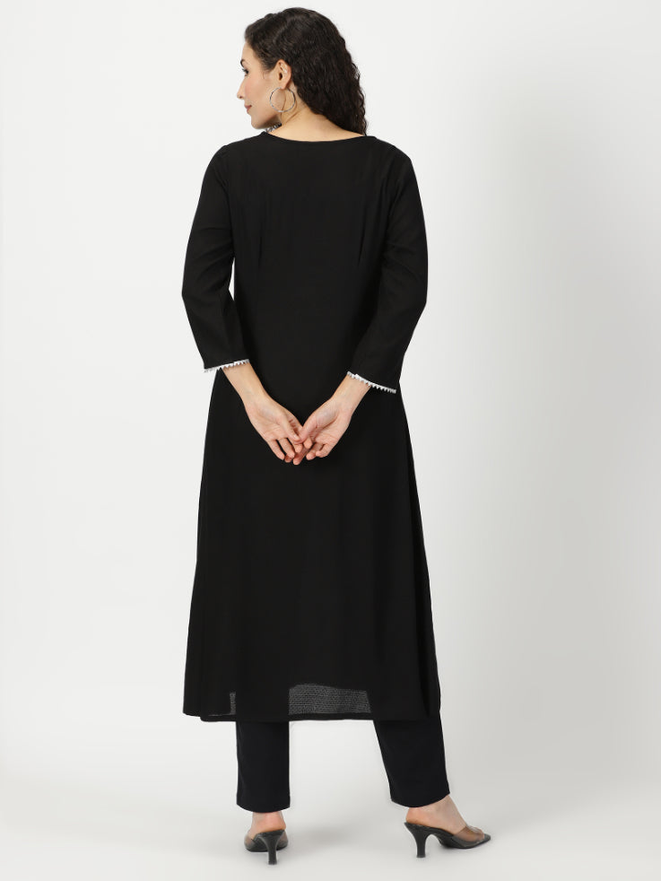 Black Self Design Kurta with Kashida Embroidery