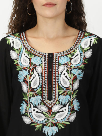 Black Self Design Kurta with Kashida Embroidery