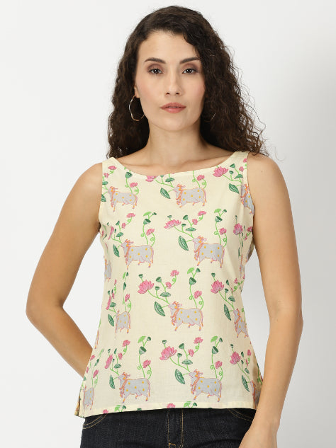 Cream Pichwai Print Cotton Tank Top