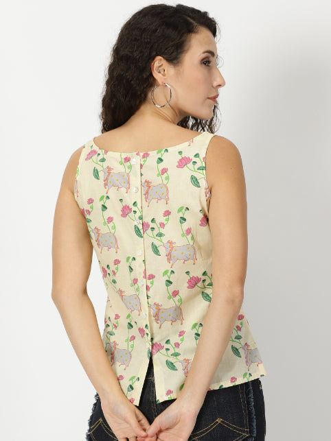 Cream Pichwai Print Cotton Tank Top