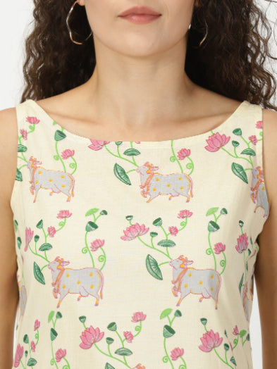 Cream Pichwai Print Cotton Tank Top