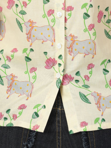 Cream Pichwai Print Cotton Tank Top