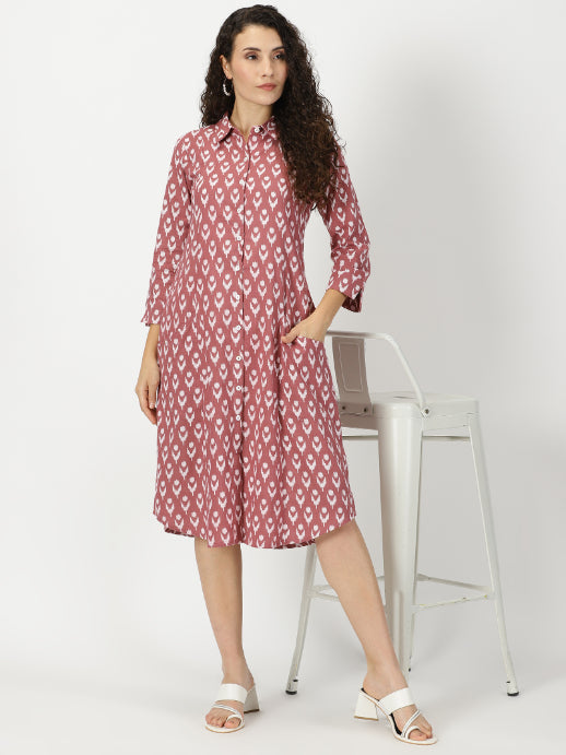 Rosewood Pink Ikat Print Shirt Dress