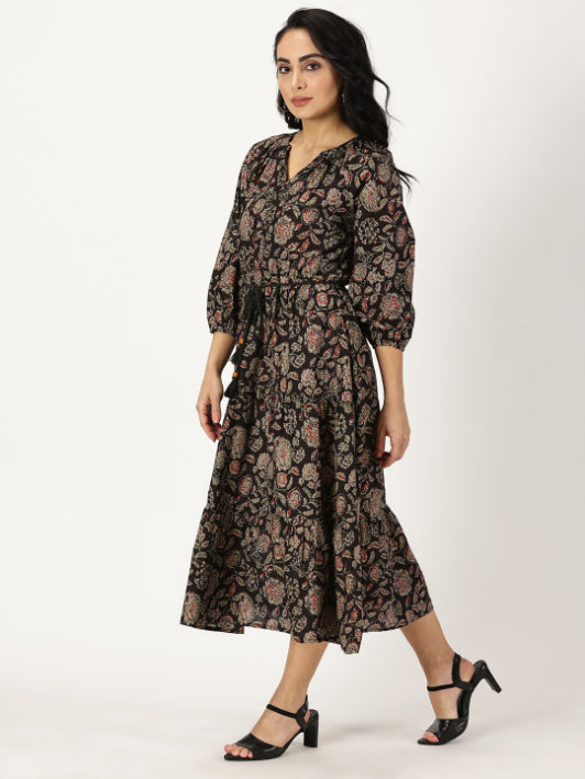 black boho midi dress Black Ethnic Floral Print Boho Midi Dress – Saffron Threads
