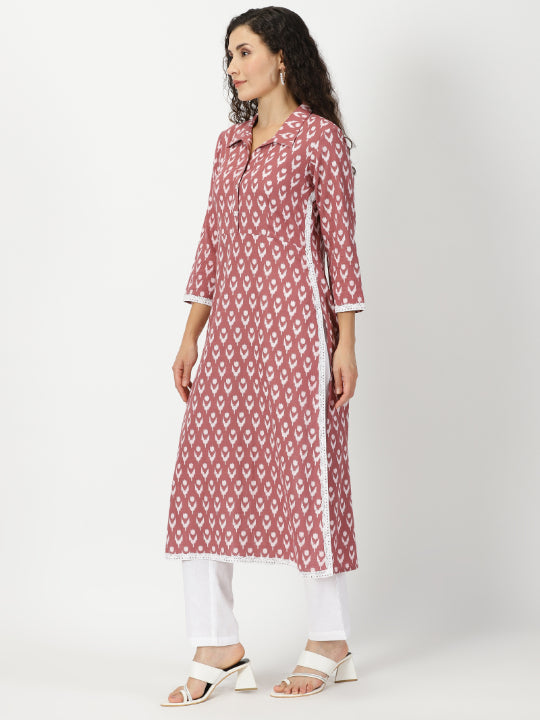 Rosewood Pink Ikat Print Shirt Collar Kurta